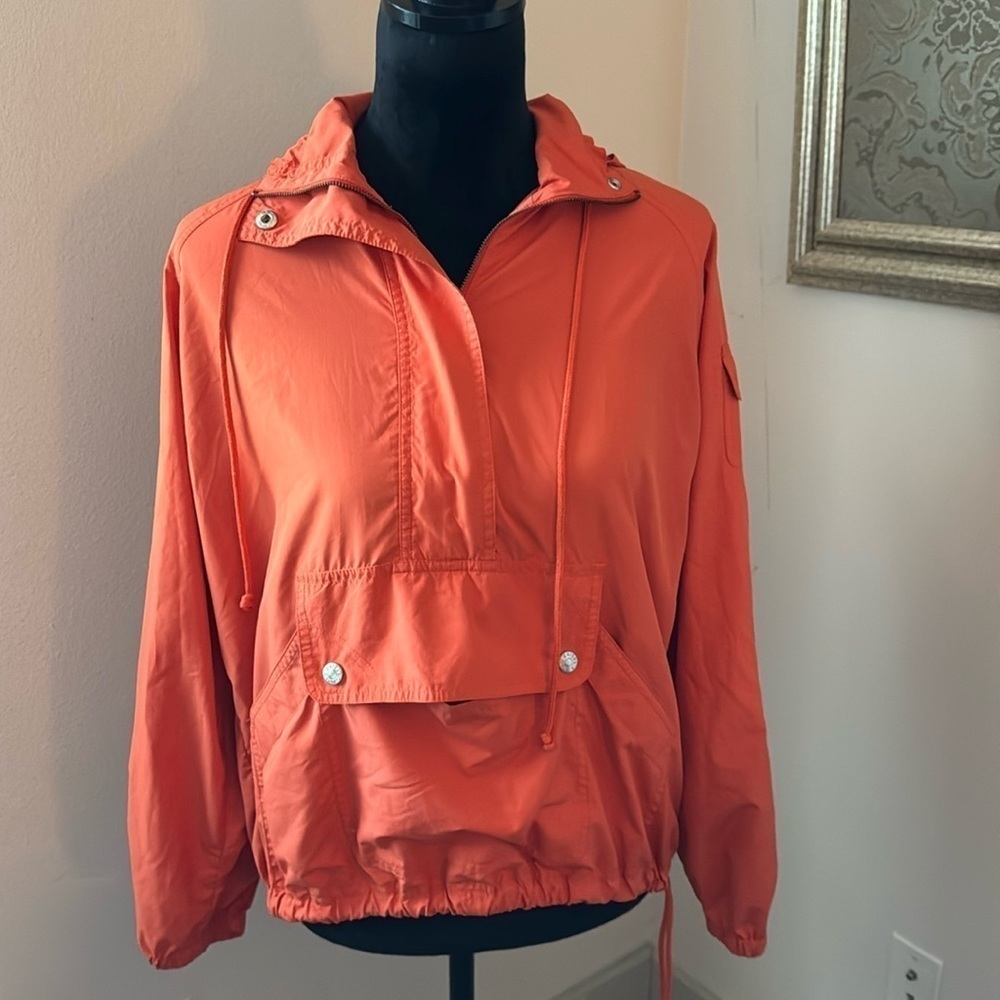 Chico’s Orange windbreaker hoodie top light jacket tie waist kangaroo pockets M
